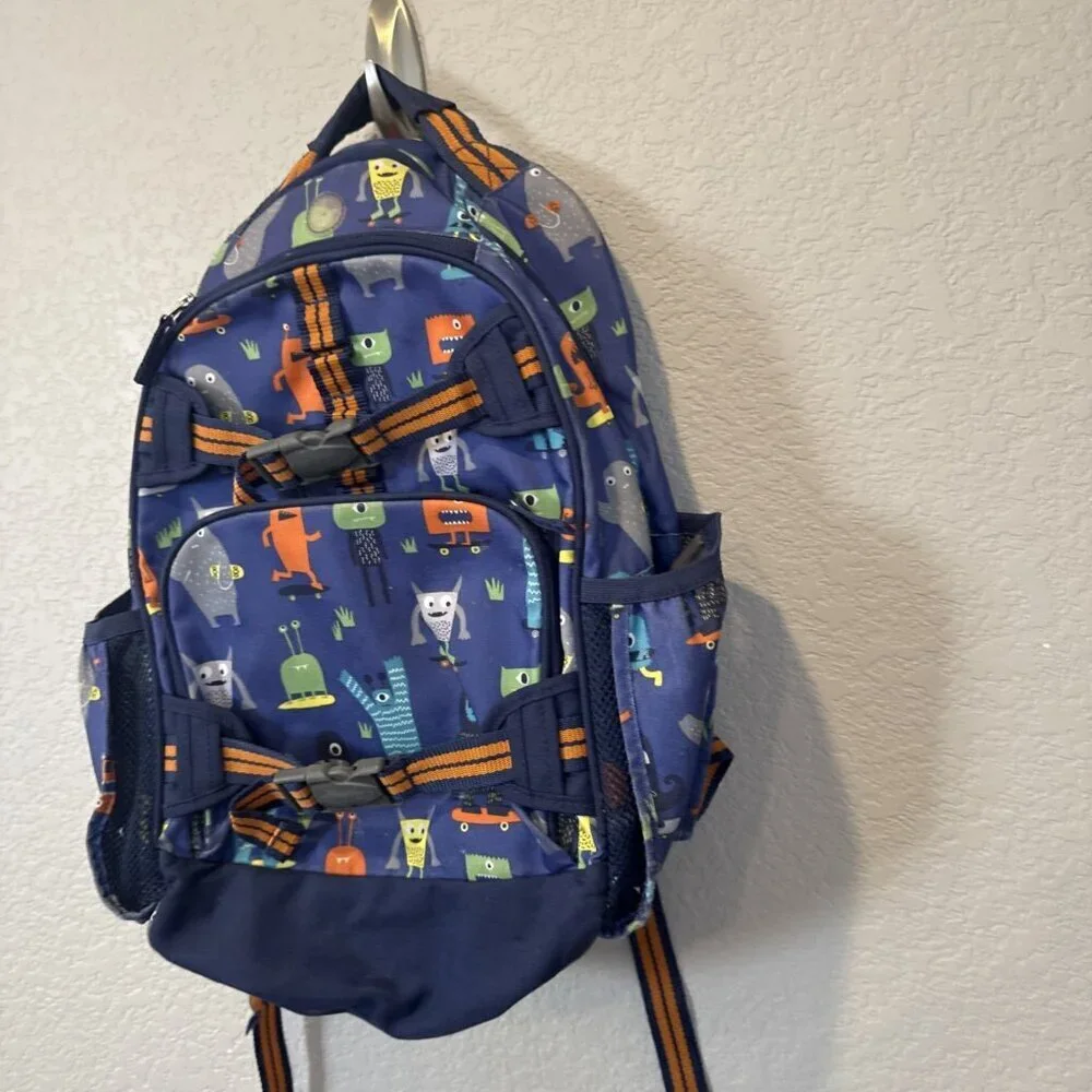 Pottery Barn Kids Mackenzie Backpack Blue Monsters Characters School Bag 17”